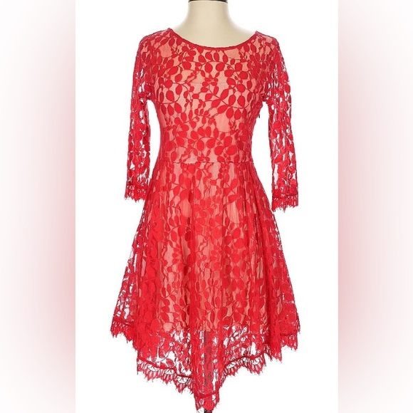 Free People, size 6, red floral mesh lace, fit and flare dress - Picture 2 of 13